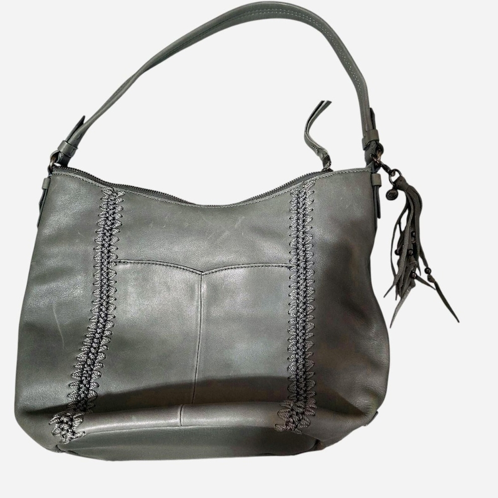 The Sak Gray Leather Hobo Bag with Braided Trim